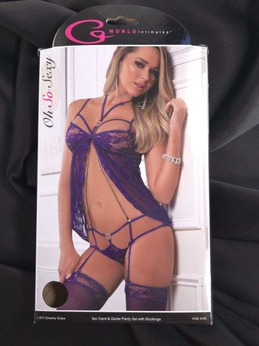G World Intimates Dreamy Grape 3-Piece Cami Garter Panty Stockings Set